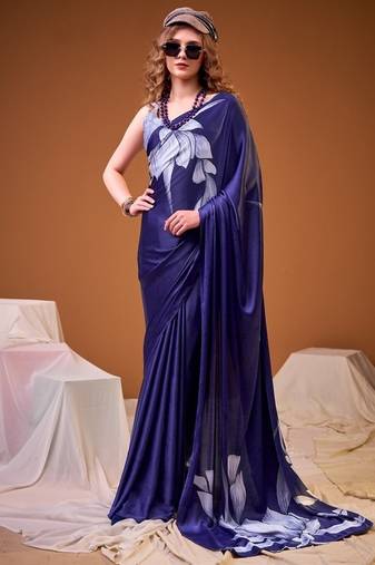 Party wear satin silk floral printed saree with unstitched blouse