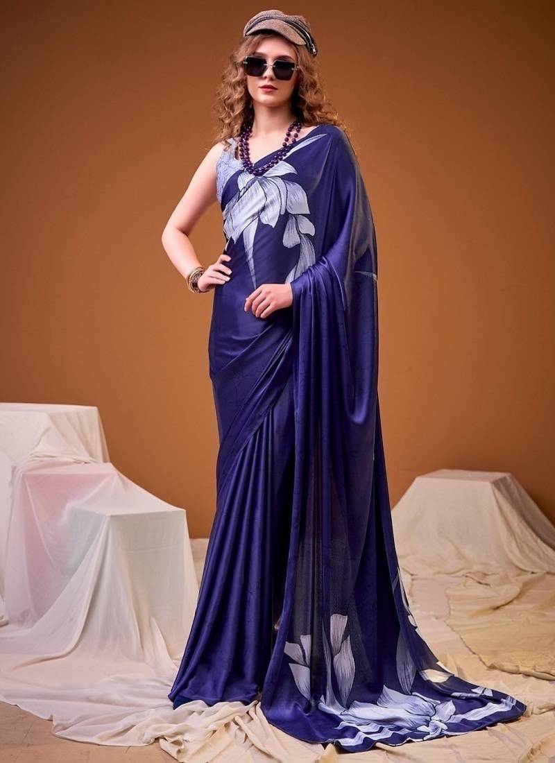 Party wear satin silk floral printed saree with unstitched blouse
