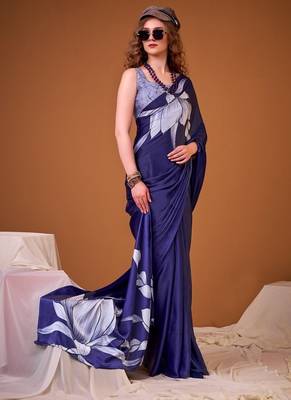 Party wear satin silk floral printed saree with unstitched blouse 2