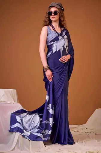 Party wear satin silk floral printed saree with unstitched blouse