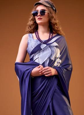 Party wear satin silk floral printed saree with unstitched blouse 3