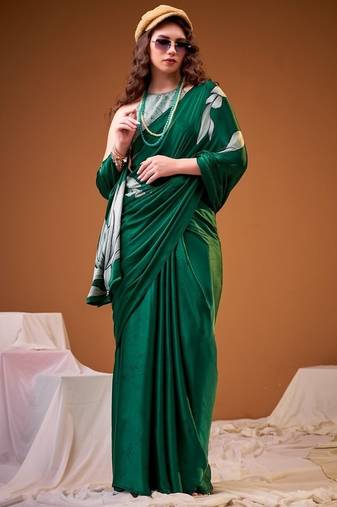 Party wear satin silk floral printed saree with unstitched blouse