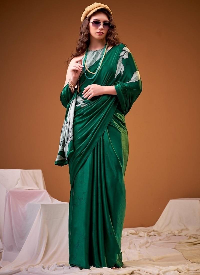 Party wear satin silk floral printed saree with unstitched blouse