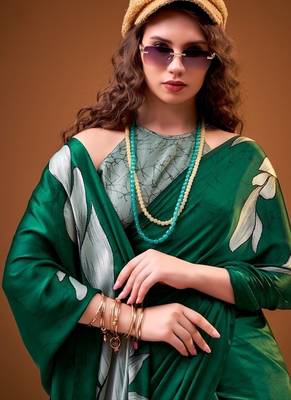 Party wear satin silk floral printed saree with unstitched blouse 2