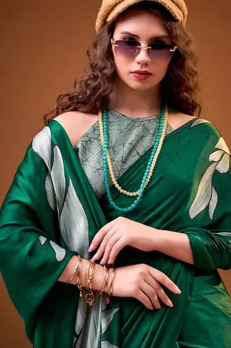 Party wear satin silk floral printed saree with unstitched blouse