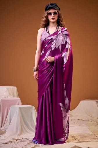 Party wear satin silk floral printed saree with unstitched blouse