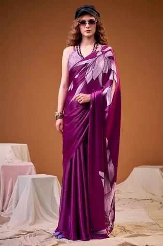 Party wear satin silk floral printed saree with unstitched blouse