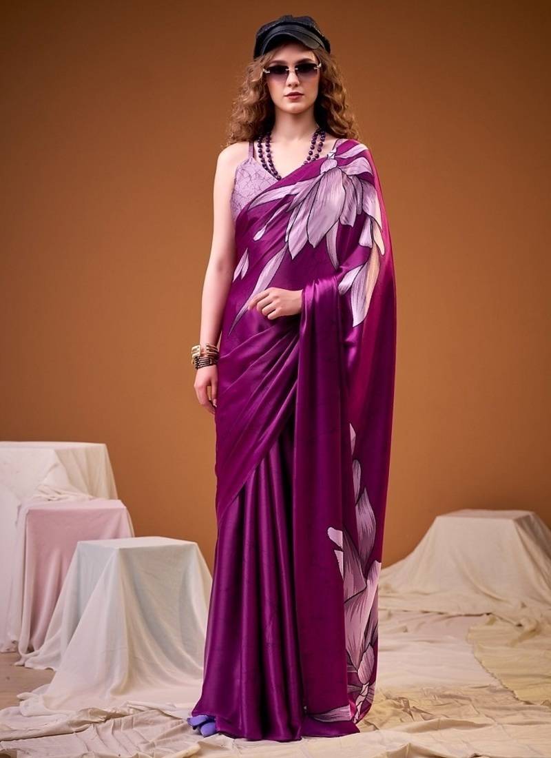 Party wear satin silk floral printed saree with unstitched blouse