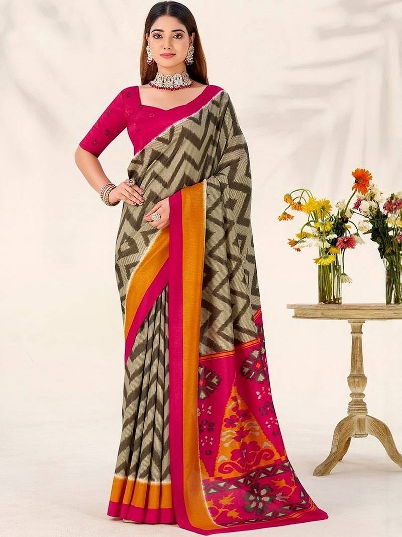Mehendi tassar silk leheriya printed saree with unstitched blouse