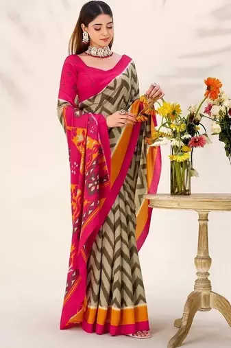 Mehendi tassar silk leheriya printed saree with unstitched blouse