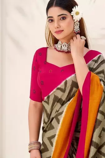 Mehendi tassar silk leheriya printed saree with unstitched blouse