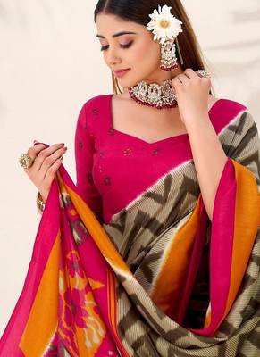 Mehendi tassar silk leheriya printed saree with unstitched blouse 4