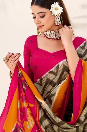 Mehendi tassar silk leheriya printed saree with unstitched blouse