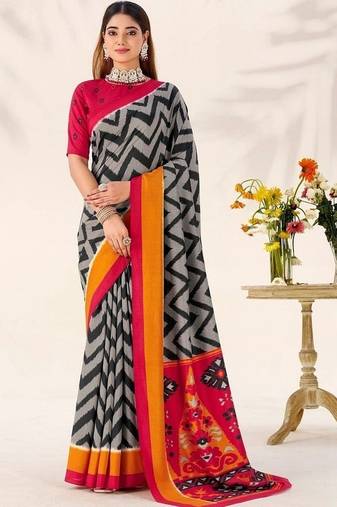 Black tassar silk leheriya printed saree with unstitched blouse