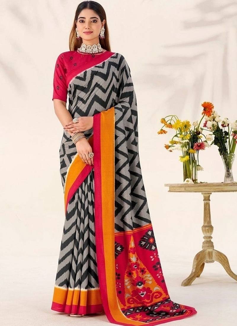 Black tassar silk leheriya printed saree with unstitched blouse