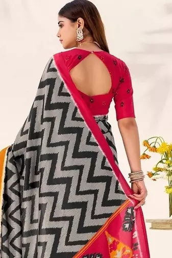 Black tassar silk leheriya printed saree with unstitched blouse