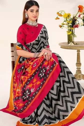 Black tassar silk leheriya printed saree with unstitched blouse