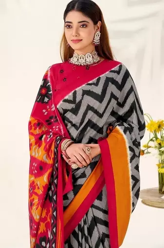 Black tassar silk leheriya printed saree with unstitched blouse