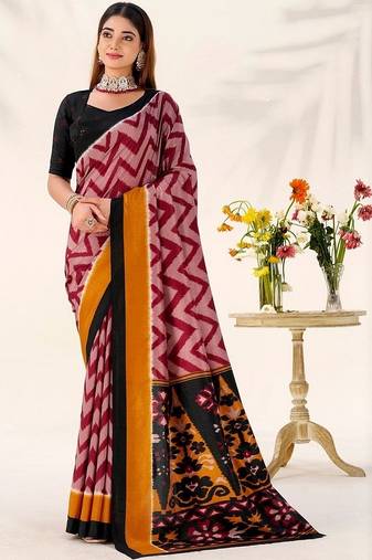 Maroon tassar silk leheriya printed saree with unstitched blouse