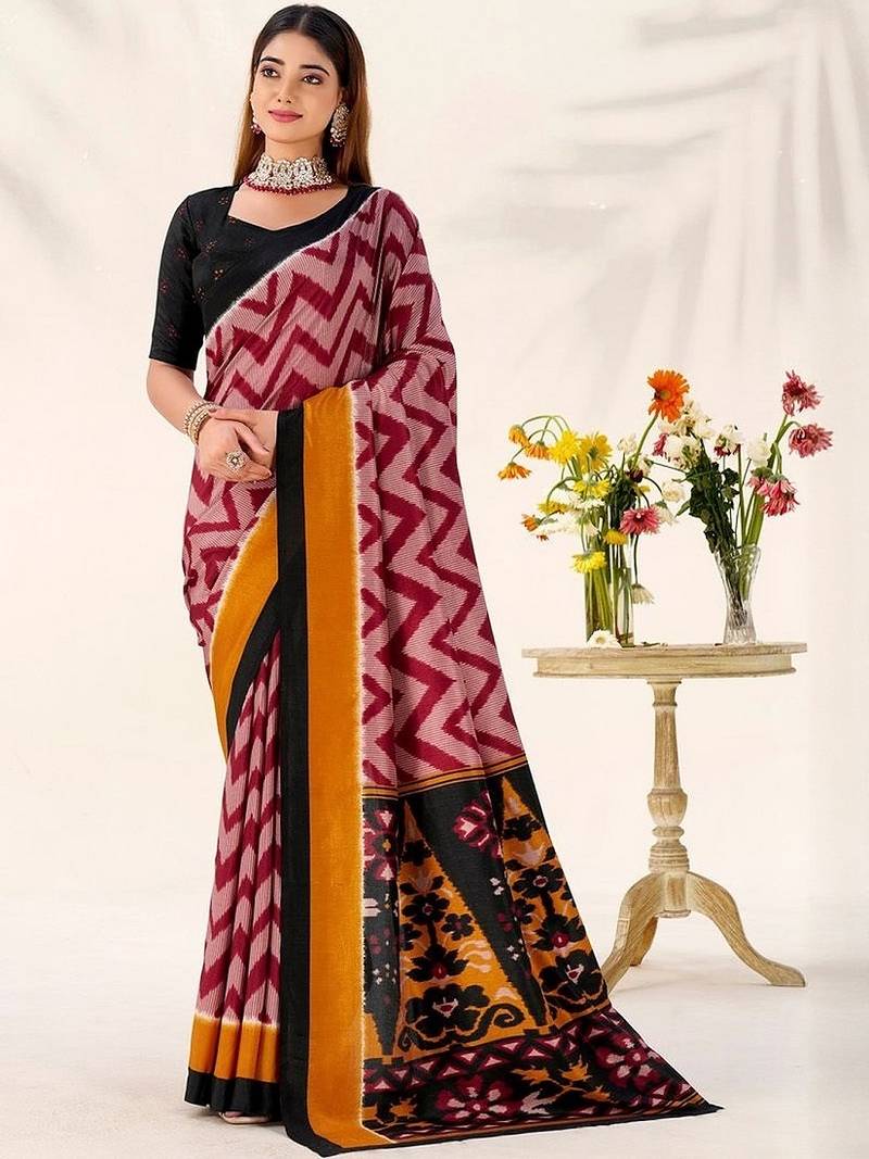 Maroon tassar silk leheriya printed saree with unstitched blouse