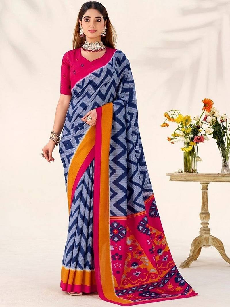 Blue tassar silk leheriya printed saree with unstitched blouse