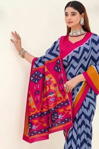 Blue tassar silk leheriya printed saree with unstitched blouse