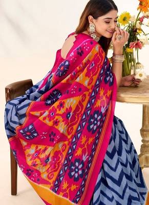 Blue tassar silk leheriya printed saree with unstitched blouse 3