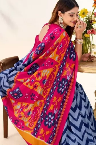 Blue tassar silk leheriya printed saree with unstitched blouse