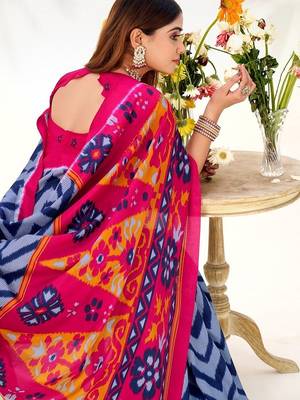 Blue tassar silk leheriya printed saree with unstitched blouse 4