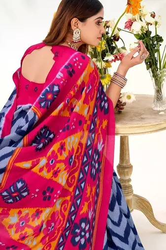 Blue tassar silk leheriya printed saree with unstitched blouse