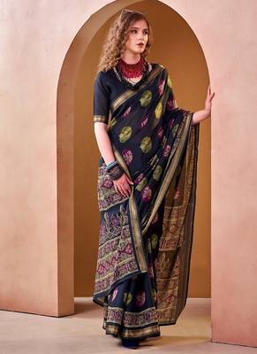 Navyblue p.v chanderi printed casual saree with unstitched blouse 1