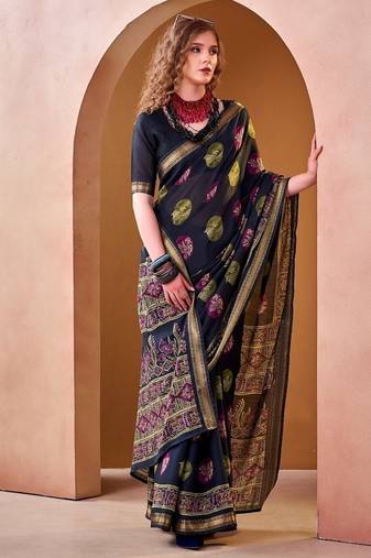 Navyblue p.v chanderi printed casual saree with unstitched blouse