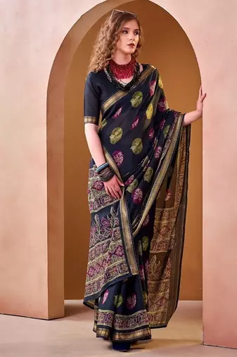 Navyblue p.v chanderi printed casual saree with unstitched blouse