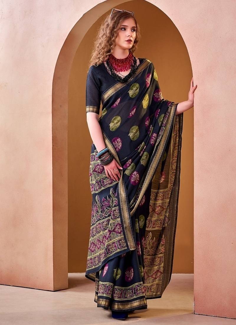 Navyblue p.v chanderi printed casual saree with unstitched blouse