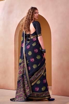 Navyblue p.v chanderi printed casual saree with unstitched blouse 2