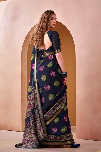 Navyblue p.v chanderi printed casual saree with unstitched blouse