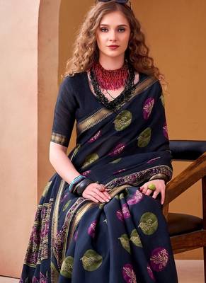 Navyblue p.v chanderi printed casual saree with unstitched blouse 3
