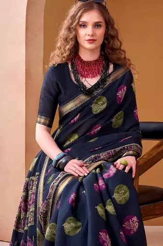 Navyblue p.v chanderi printed casual saree with unstitched blouse