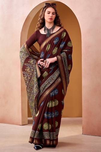 Maroon p.v chanderi printed casual saree with unstitched blouse