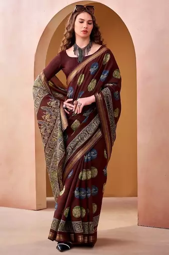 Maroon p.v chanderi printed casual saree with unstitched blouse