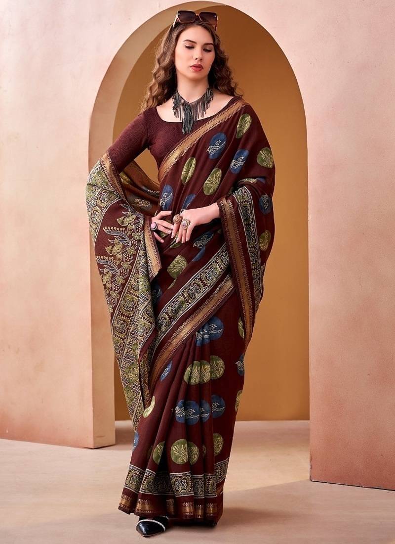 Maroon p.v chanderi printed casual saree with unstitched blouse
