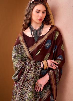 Maroon p.v chanderi printed casual saree with unstitched blouse 3