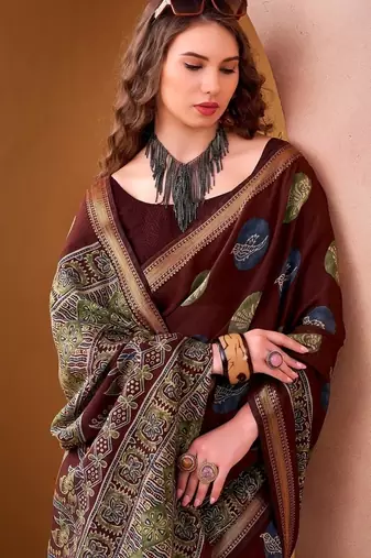 Maroon p.v chanderi printed casual saree with unstitched blouse