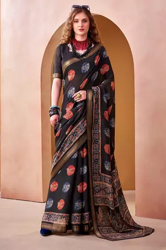 Black p.v chanderi printed casual saree with unstitched blouse