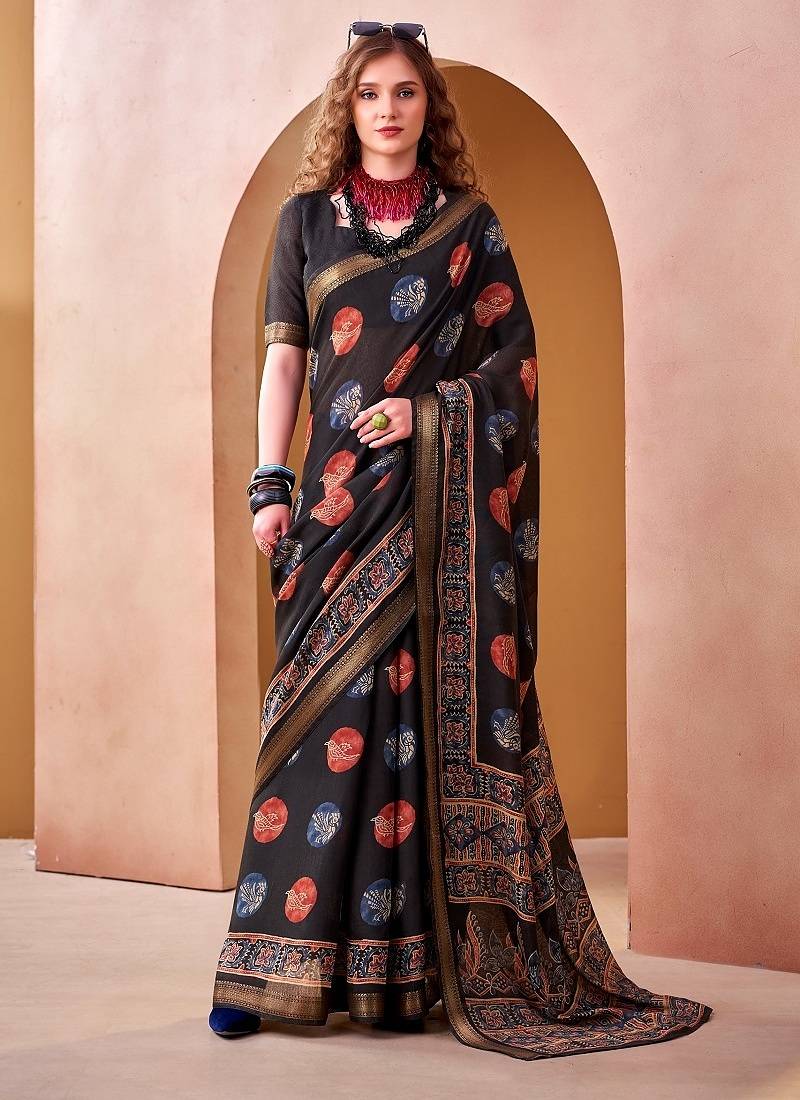 Black p.v chanderi printed casual saree with unstitched blouse