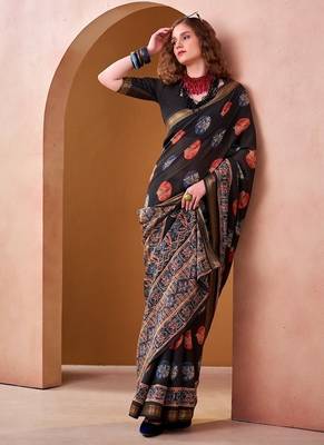 Black p.v chanderi printed casual saree with unstitched blouse 2