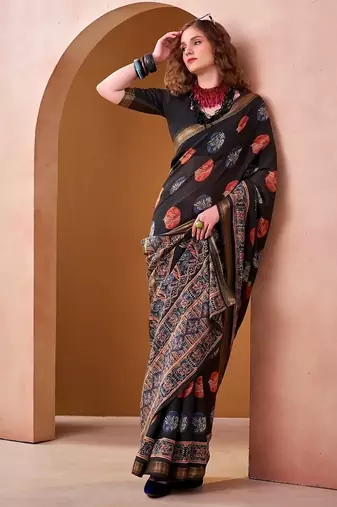 Black p.v chanderi printed casual saree with unstitched blouse