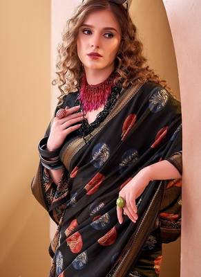 Black p.v chanderi printed casual saree with unstitched blouse 3