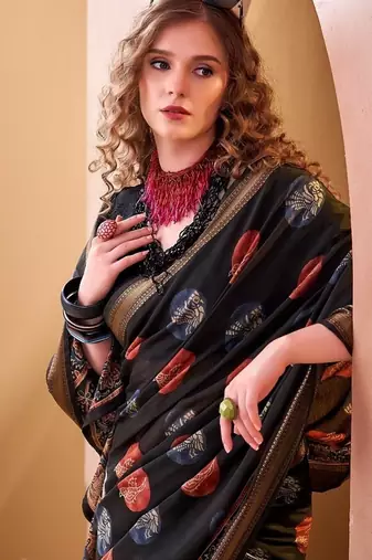 Black p.v chanderi printed casual saree with unstitched blouse