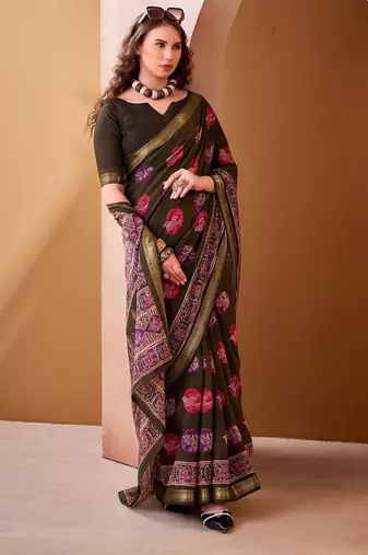 Mehendi p.v chanderi printed casual saree with unstitched blouse